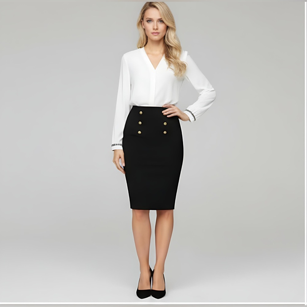 LAST ONE 🔥 Black Gold Double Button Pencil Skirt - Picture 1 of 8